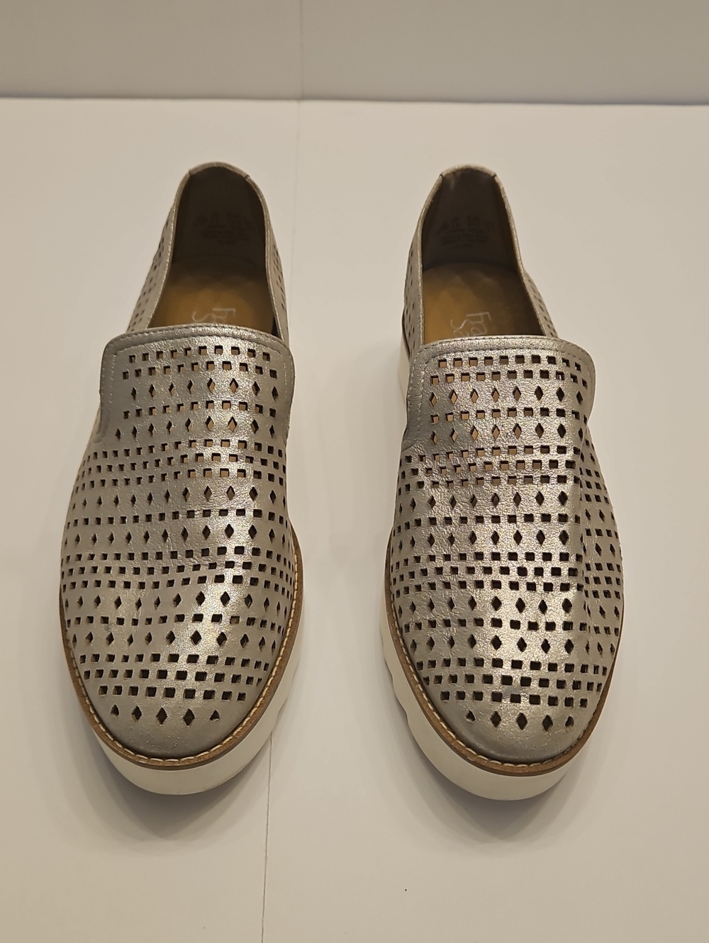 Franco Sarto Florie Silver Metallic Perforated Slip-On Loafers 9.5M Womens NWOB